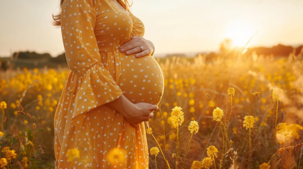 Pregnant women standing in field of flowers with sunshine behind her