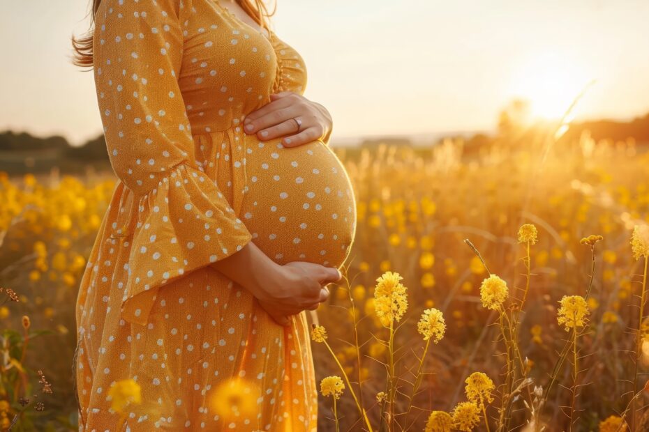 Pregnant women standing in field of flowers with sunshine behind her