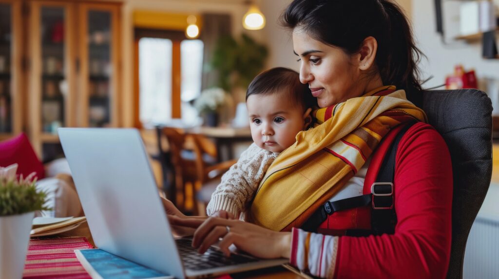 New mother holding baby smiling while using her laptop at home