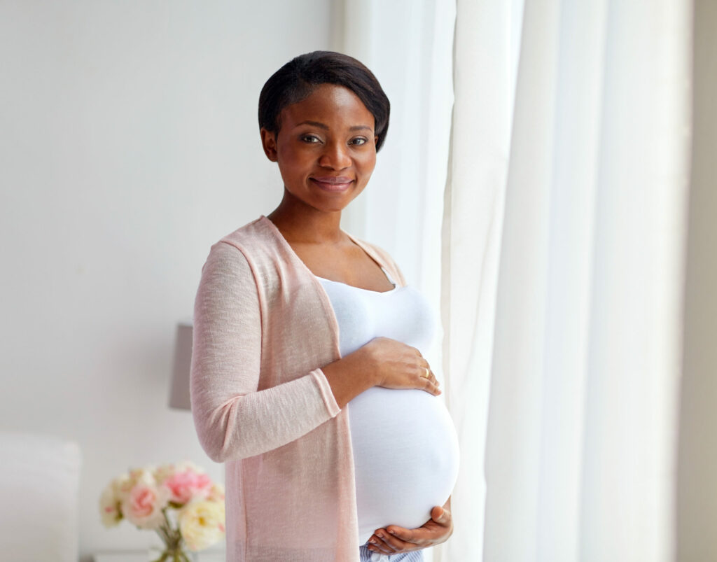 Smiling pregnant women at home window